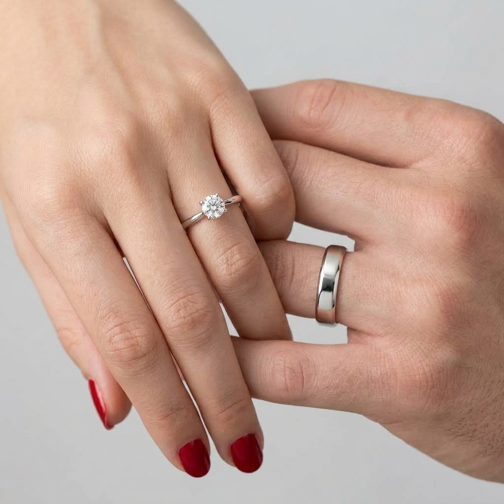 Wedding couple ring set worn on two hands