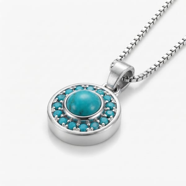 Three-quarter view — Mansour Turquoise Sterling Silver Halo Pendant