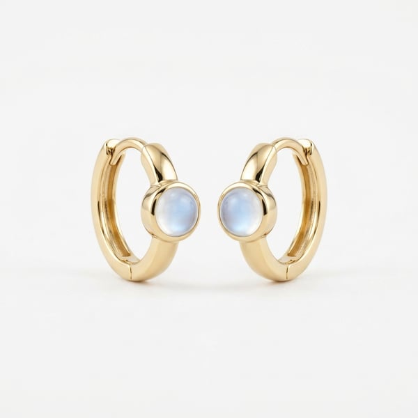 Haseeba 18K gold band huggie earrings set with round natural moonstones on white background