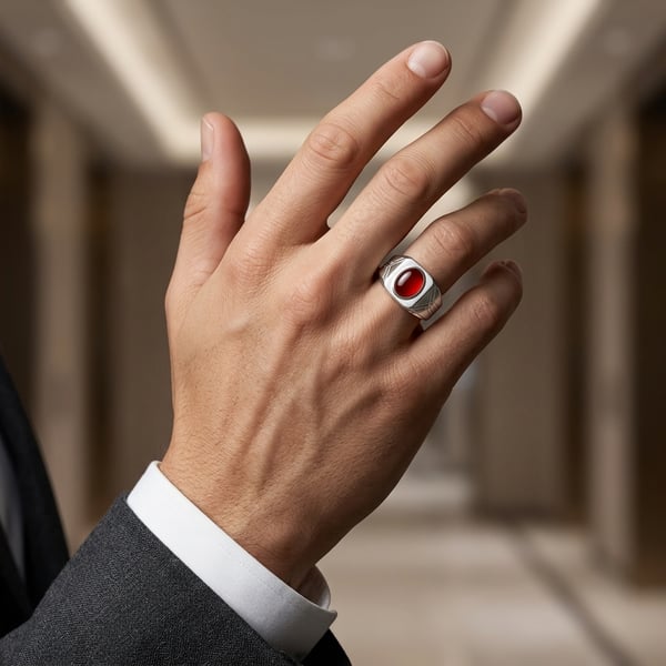 Kamal Red Aqeeq Silver Geometric Ring