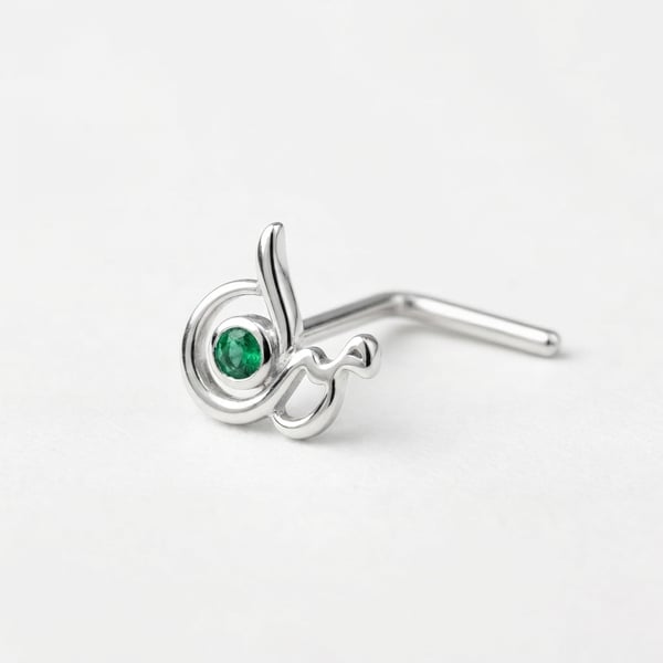 Three-quarter view — Ijlaal Emerald Calligraphy Sterling Silver Nose Stud