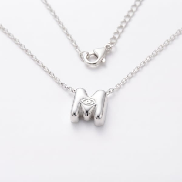 Three-quarter view — Yasmina Initial M Sterling Silver Kids Necklace
