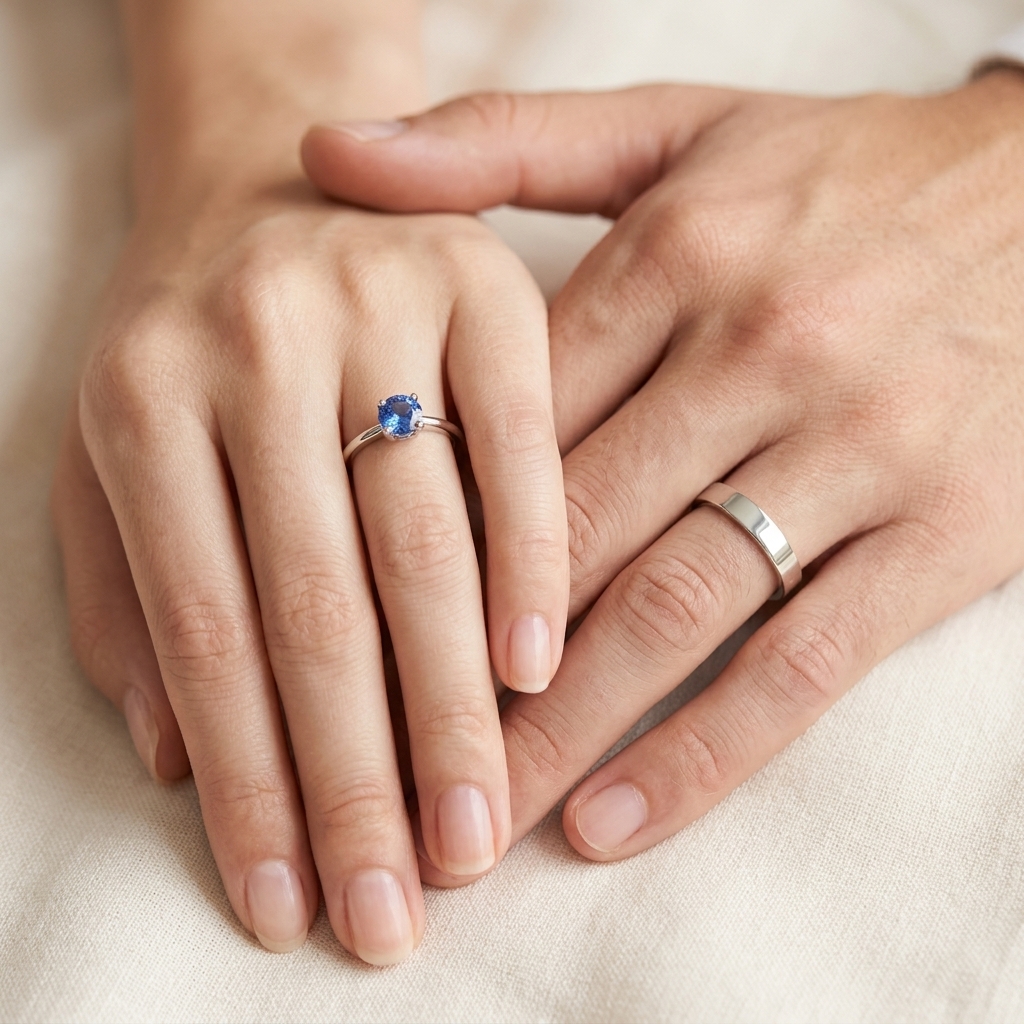 Wedding couple ring set worn on two hands