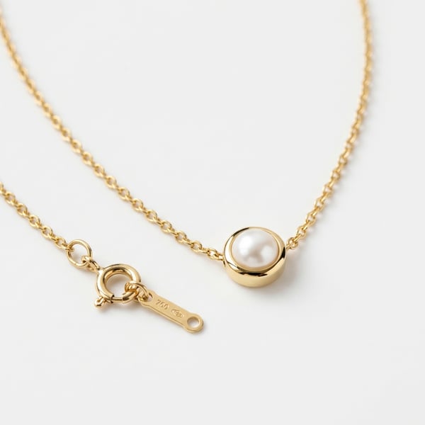 18K gold floating necklace featuring a 3 mm natural white pearl on a fine 1 mm chain on a white background
