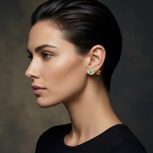 Ghazala Turquoise Crescent Moon Gold Earrings
