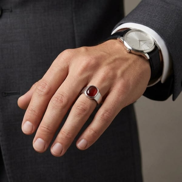 Omar Red Aqeeq Sterling Silver Solitaire Ring