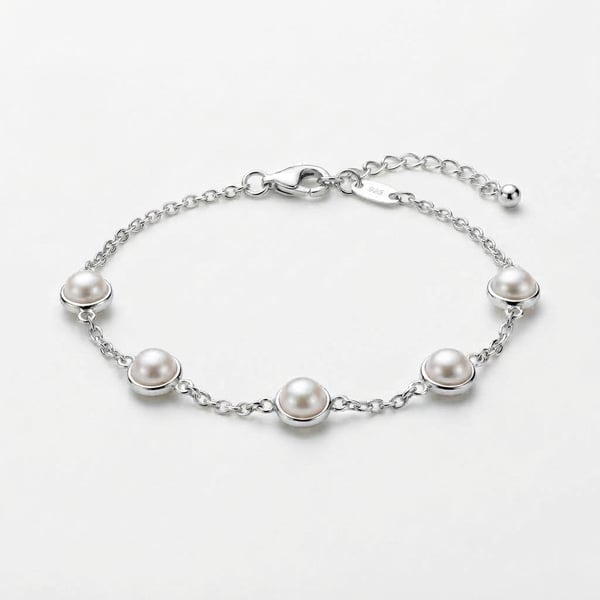 Three-quarter view — Areebah Silver Pearl Stacking Bracelet