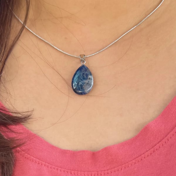 Natural Blue Sodalite Pendant with 925 Silver Chain