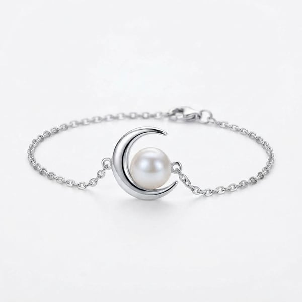 Three-quarter view — Nazeeha Silver Crescent Moon Pearl Bracelet