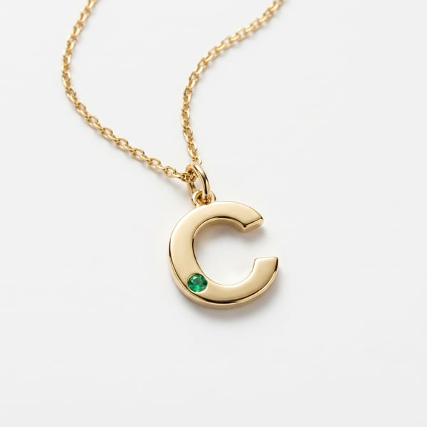 Studio photo of the 18K yellow gold Initial C pendant with a 3mm flush-set emerald on a fine gold chain