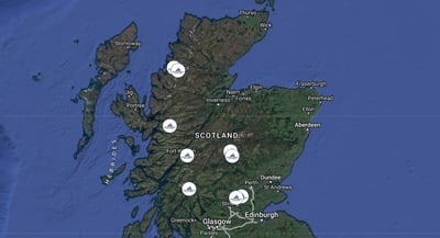 Map that shows the best canyoning locations in scotland