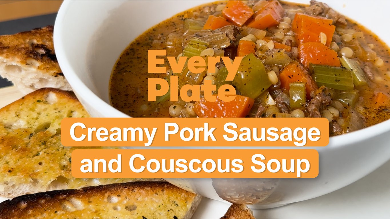 Creamy Couscous and Pork Sausage Soup with Garlic Bread