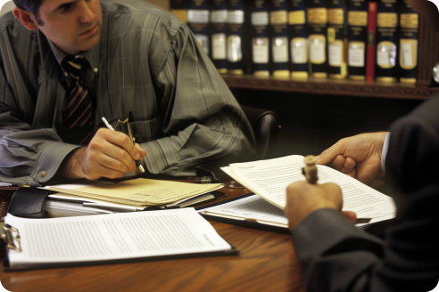 A person sitting at  desk with a lawyer, completing paperwork.