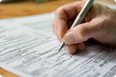 A close up of the hand of a person filling out a form with a pen.