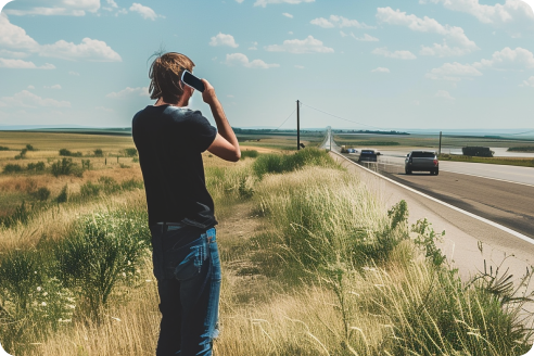 A person stands on the side of a road holding a phone to their ear and looking into the distance. Cars are visible driving on the road that runs through a grassy landscape under a clear blue sky.