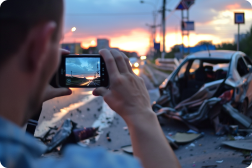 A person is taking a photo of a car that has been severely damaged in an accident, with a sunset visible in the background. Debris is scattered across the road.