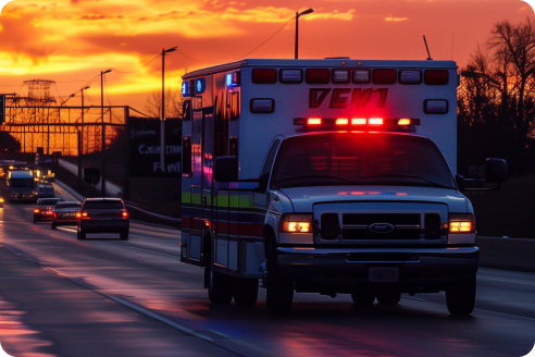 An ambulance with flashing lights drives down a highway at sunset. Other vehicles are visible in the background with a brilliant orange and red sky.