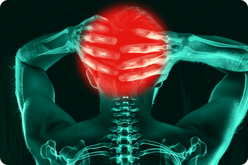 An X-ray image of a person with hands on their head, showing a red-highlighted area indicating pain in the head. The spine and arms are visible in the X-ray view.