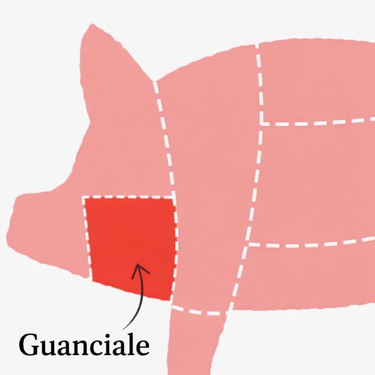 Diagram showing the Guanciale cut location on a pig, highlighting the jowl area