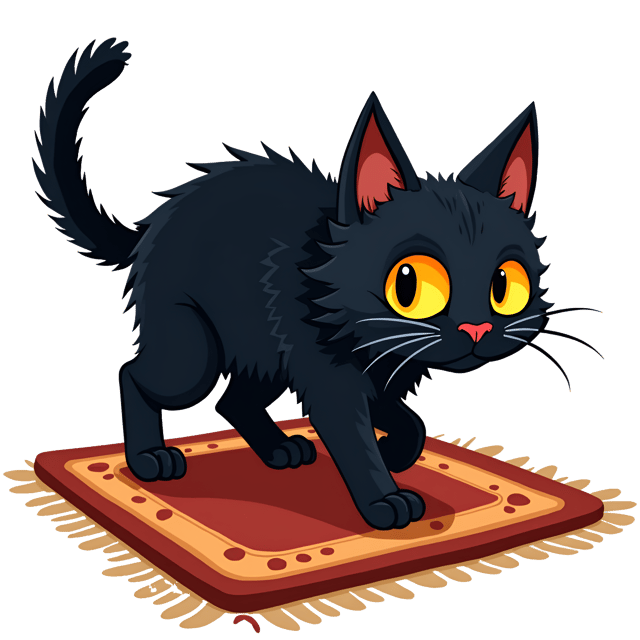 Free transparent PNG: Spooky Black Cat with Glowing Golden Eyes on a Rug