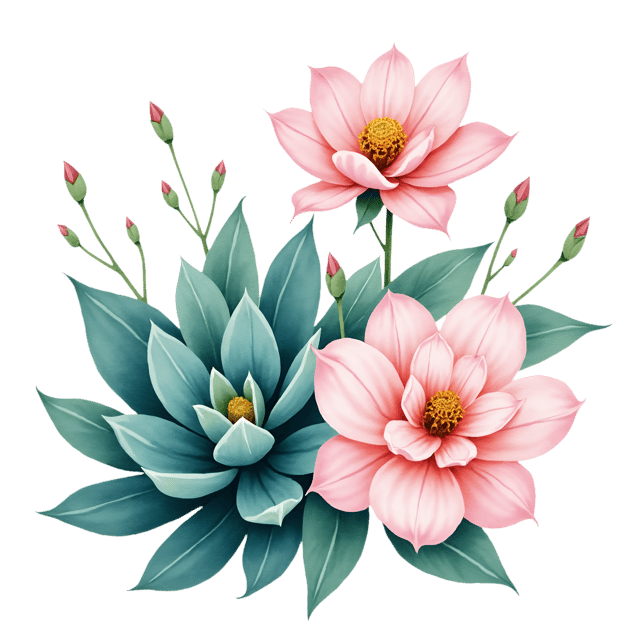 Free transparent PNG: Teal Succulents with Pale Pink Camellias  Botanical Clipart, free transparent png download