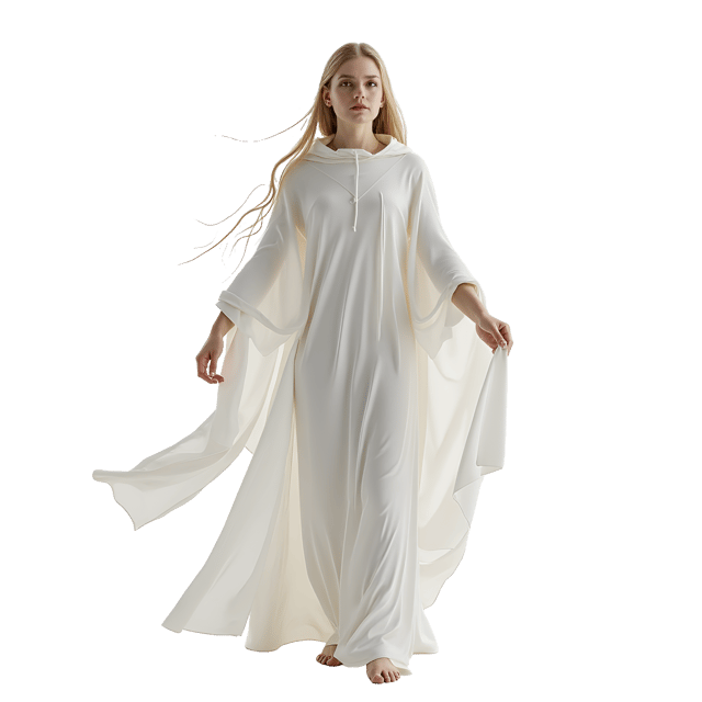 Free transparent PNG: Graceful Humanoid Figure in White Cloak with Long Flowing Hair - Realistic Illustration on White Background