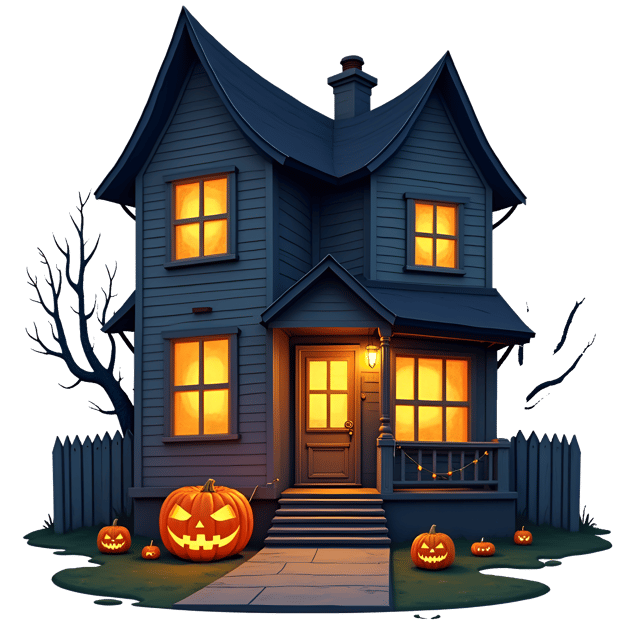 Free transparent PNG: Haunted House with Boarded-Up Windows and Glowing Jack-o'-Lantern PNG Clipart