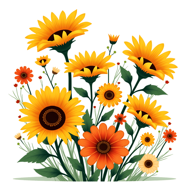 Free transparent PNG: Sunflowers, Marigolds, and Daisies Clipart Illustration with Transparent Background