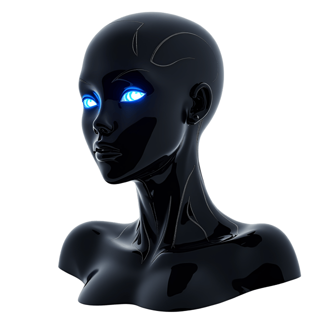 Free transparent PNG: Sleek Black Humanoid with Silver Accents and Glowing Blue Eyes - Realistic Illustration on White Background