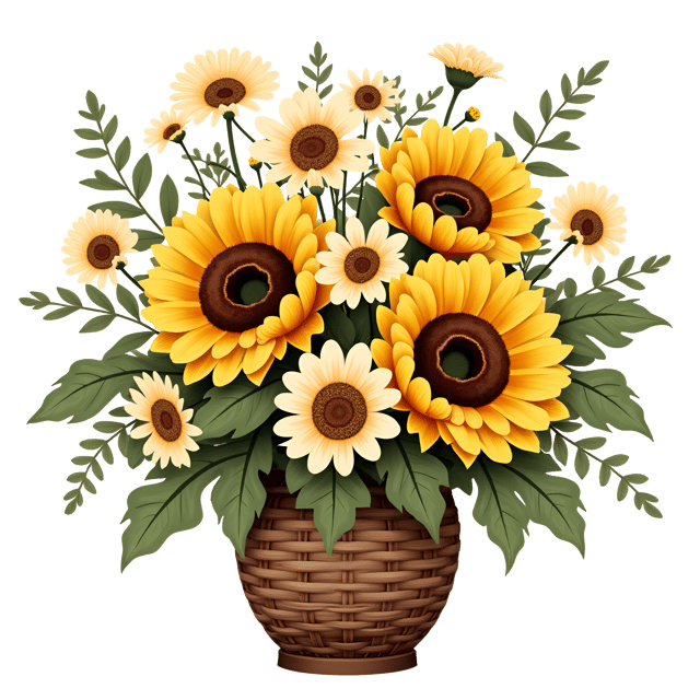 Free transparent PNG: Rustic Sunflowers and Daisies Woven Basket Vase Illustration