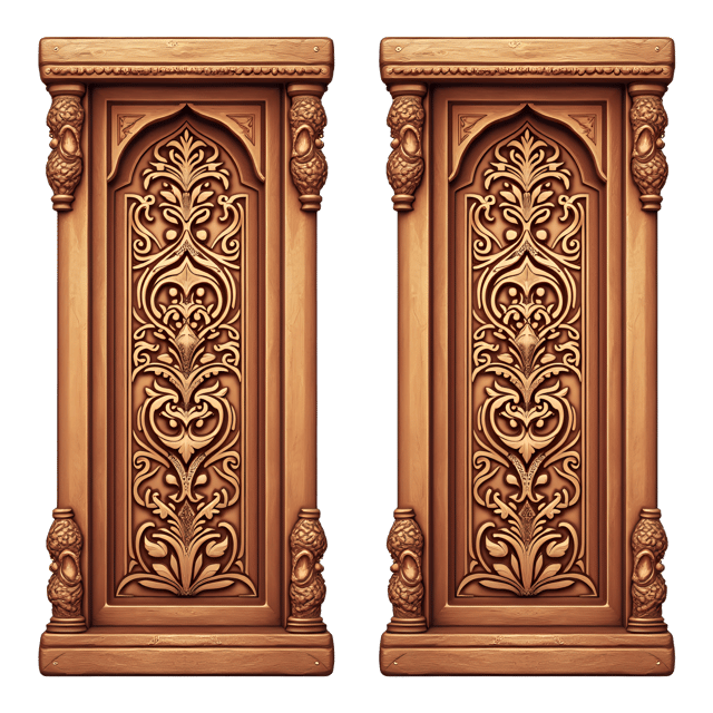 Free transparent PNG: Gorgeous Wooden Carved Panels with Intricate Arabesques and Whimsical Cartoon Illustration