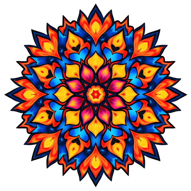 Free transparent PNG: Radiant Symmetrical Mandala Illustration with Vibrant Colors and Intricate Geometric Patterns