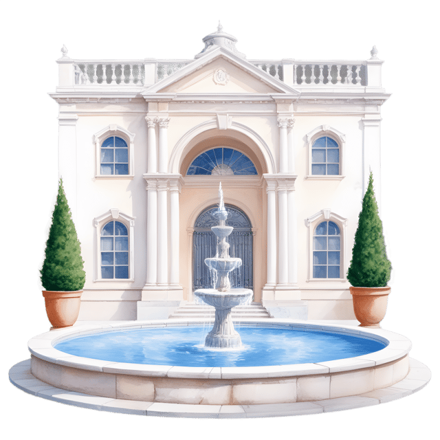 Free transparent PNG: Grand Mansion with Stone Pillars and Fountain PNG Transparent Background Image
