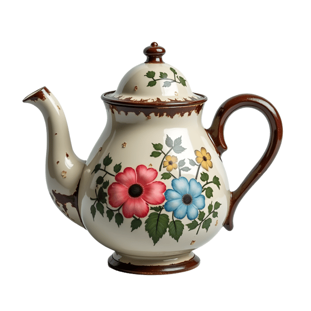 Free transparent PNG: Antique Ceramic Teapot with Hand-Painted Flowers and Chipped Glaze Clipart