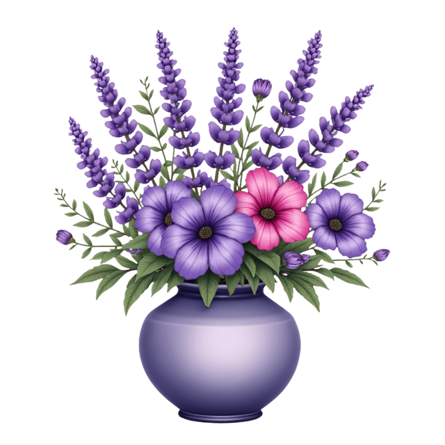 Free transparent PNG: Lavender Vase Decorated with Clusters of Violets and Lilies  Floral Clipart, free download png