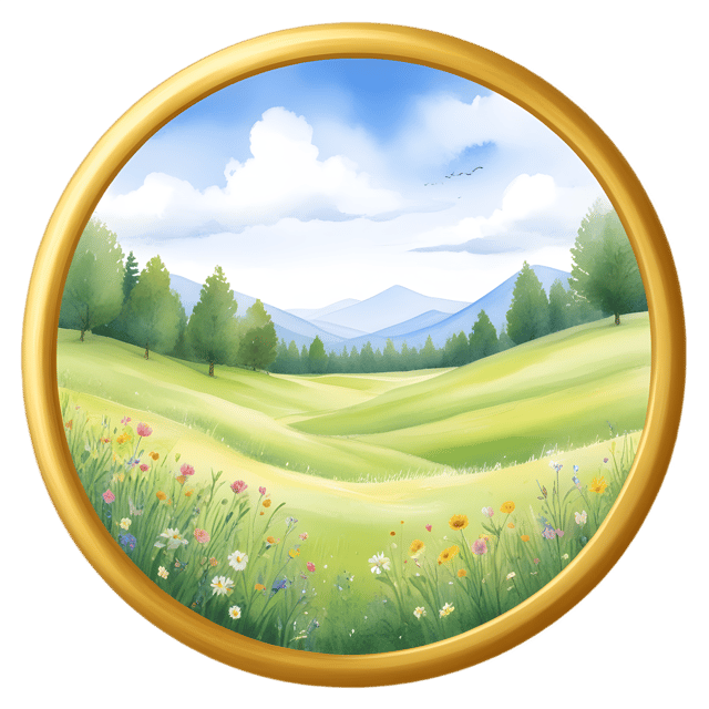 Free transparent PNG: Golden Ring Framed Serene Meadow PNG Design for Artistic and Decorative Uses