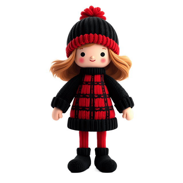 Free transparent PNG: Stylish Knitted Doll in Black and Red Plaid Dress PNG