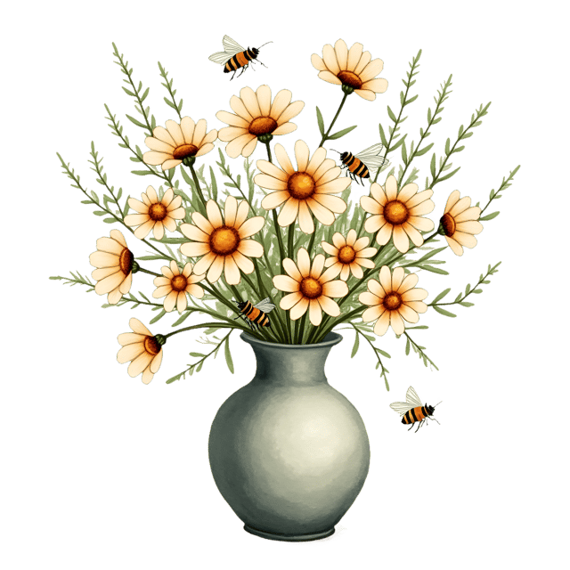 Free transparent PNG: Rustic Cottage Vase  Hand-Painted Daisy and Bee Clipart, free downloadable png