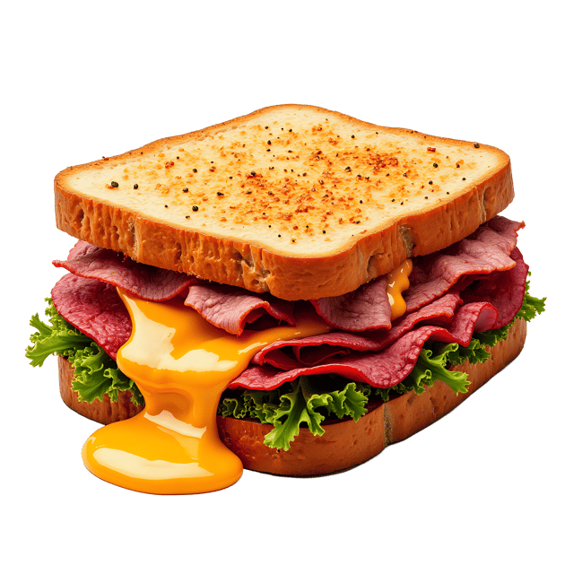 Free transparent PNG: Sizzling Hot Pastrami Sandwich PNG with Juicy Meat and Melted Cheese Drip