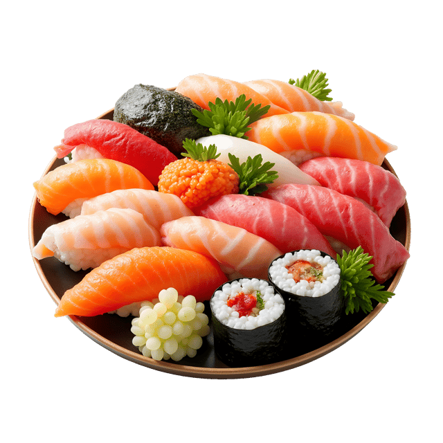 Free transparent PNG: Colorful Sushi Platter PNG with Fresh Fish and Vibrant Garnishes