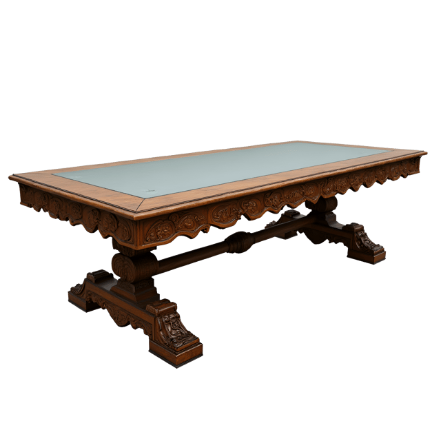 Free transparent PNG: Vintage Oak Dining Table with Intricate Carvings and Glass Top PNG Image
