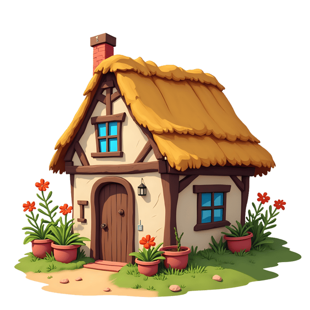 Free transparent PNG: Rustic Cottage with Thatched Roof and Flower Pots PNG Illustration