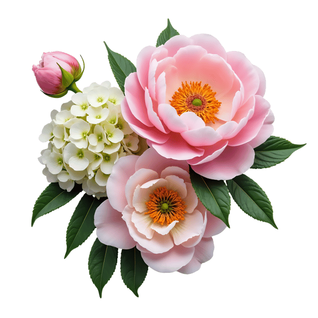 Free transparent PNG: Peony and Hydrangea Flowers PNG  Elegant Blooms for Garden Decor  Crafting