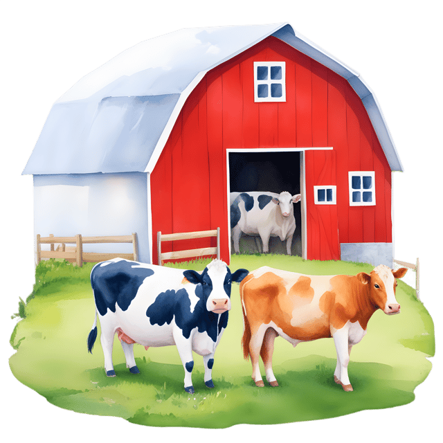 Free transparent PNG: Colorful Barn with Cows and Green Pastures PNG for Farm and Country Decor