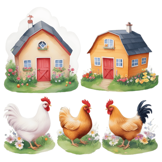 Free transparent PNG: 3 Colorful Farmhouses Blooming Flowers Playful Chickens PNG Transparent Background