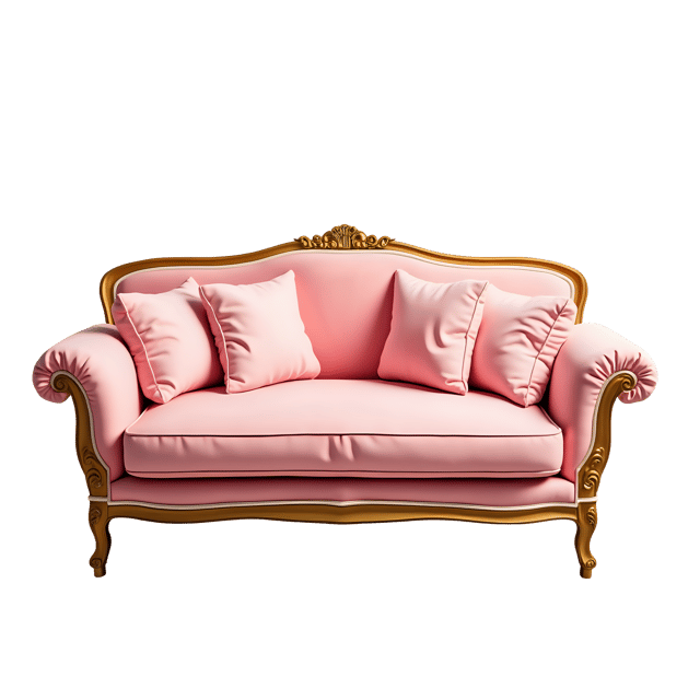 Free transparent PNG: Soft Pink Sofa with Fluffy Cushions and Golden Trim PNG for Home Decor and Design