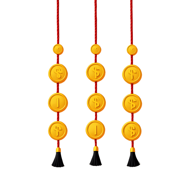 Free transparent PNG: Shimmering Gold Coins on Crimson Threads with Black Tassels - ElegantPNG Decorative Design