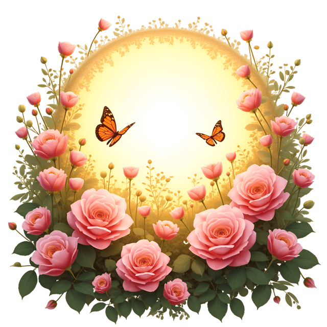 Free transparent PNG: Enchanting Garden Blooming Roses and Butterflies with Golden Sunburst PNG