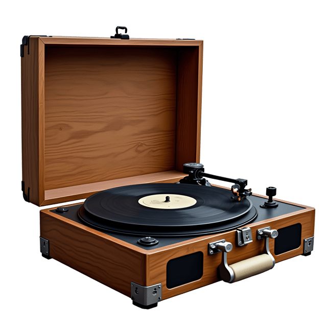 Free transparent PNG: Worn-out Vinyl Record Player Illustration with Wooden Frame and Chrome Controls