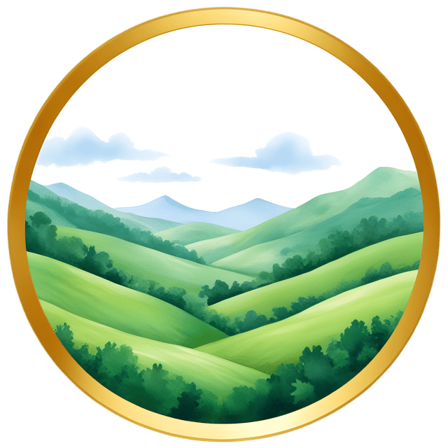 Free transparent PNG: Lush Green Hills with Golden Circular Border PNG for Nature and Decorative Design